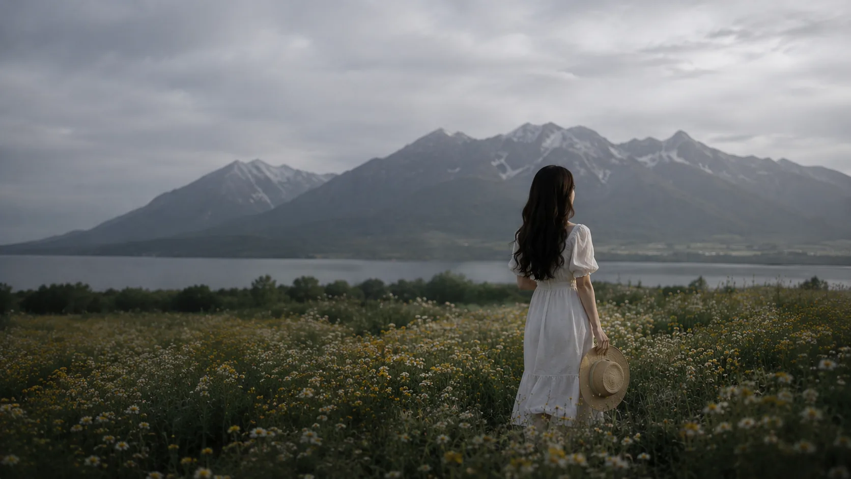 生成元の写真:山と湖を背景に花畑に立つ女性